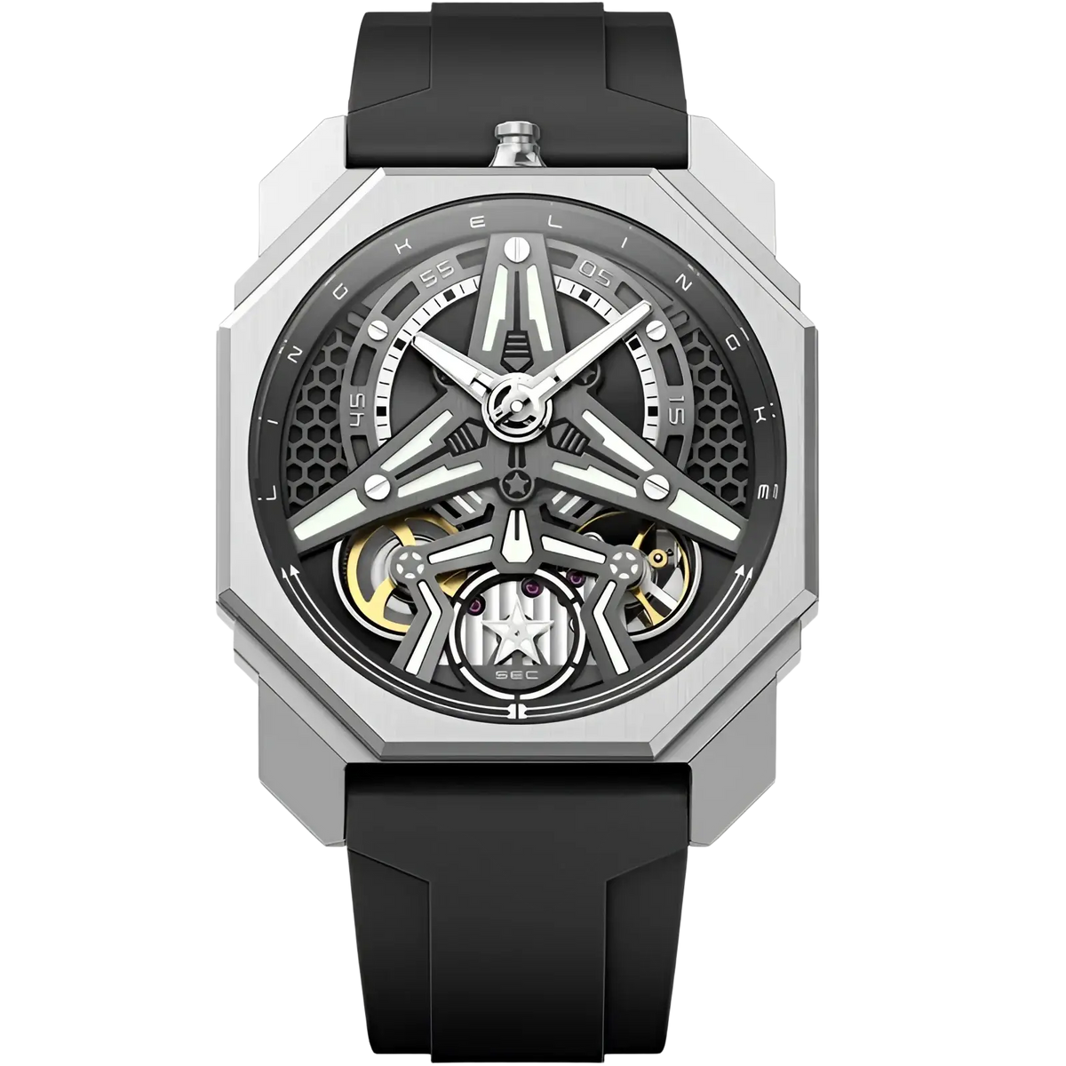 Automatic skeleton mechanical watch for men with a silver-toned octagonal case, exposed gold-accented movement, and black rubber strap