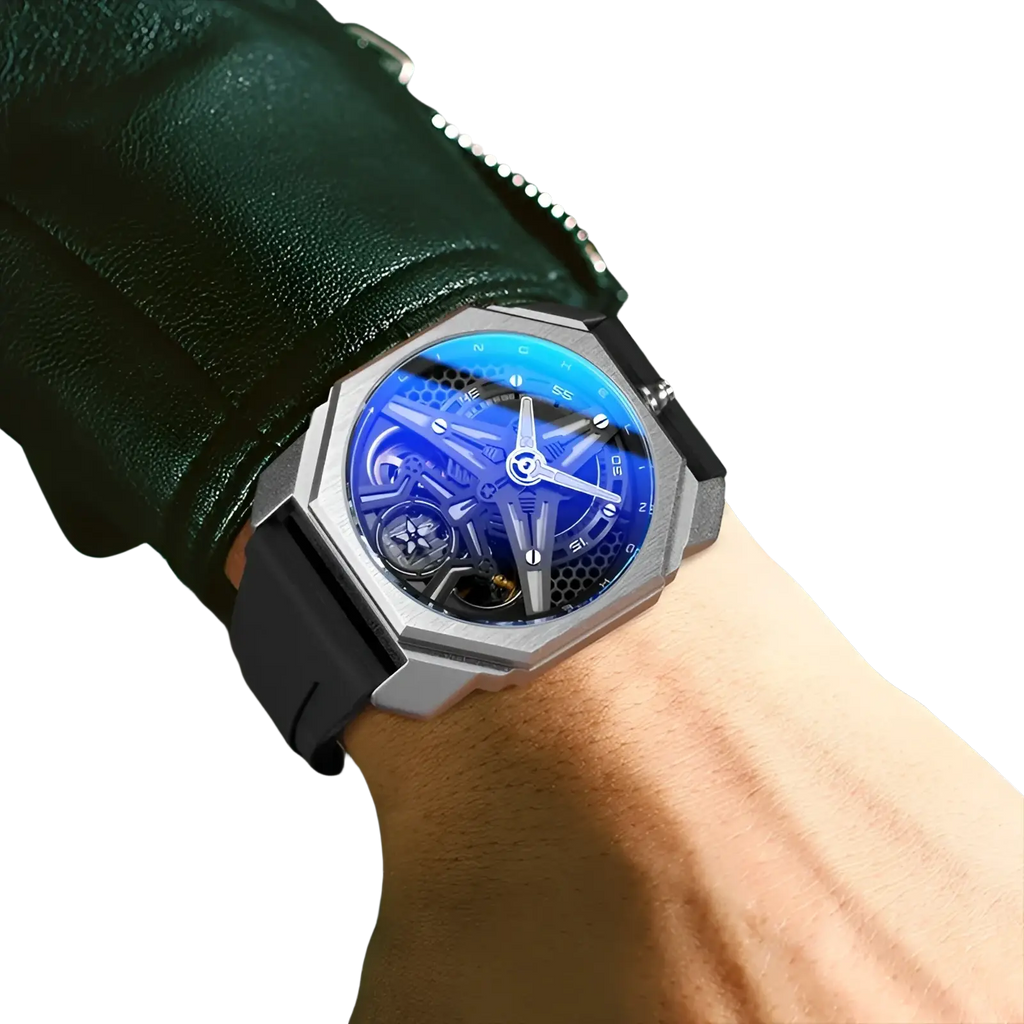 Automatic skeleton mechanical watch for men with a blue dial, octagonal face, silver hands, and exposed gears in metallic case