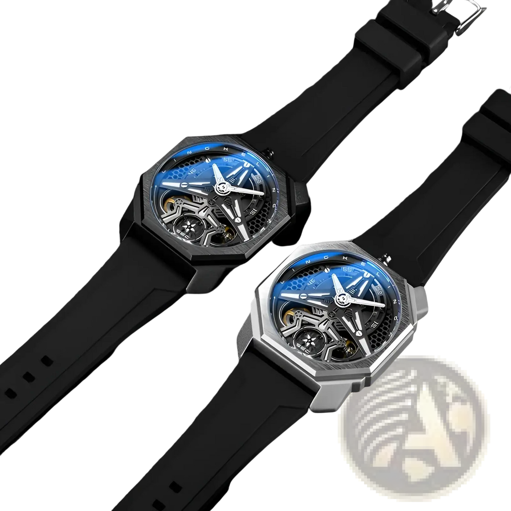 Automatic skeleton mechanical watch for men with octagonal black and silver cases blue tinted dials and rubber straps