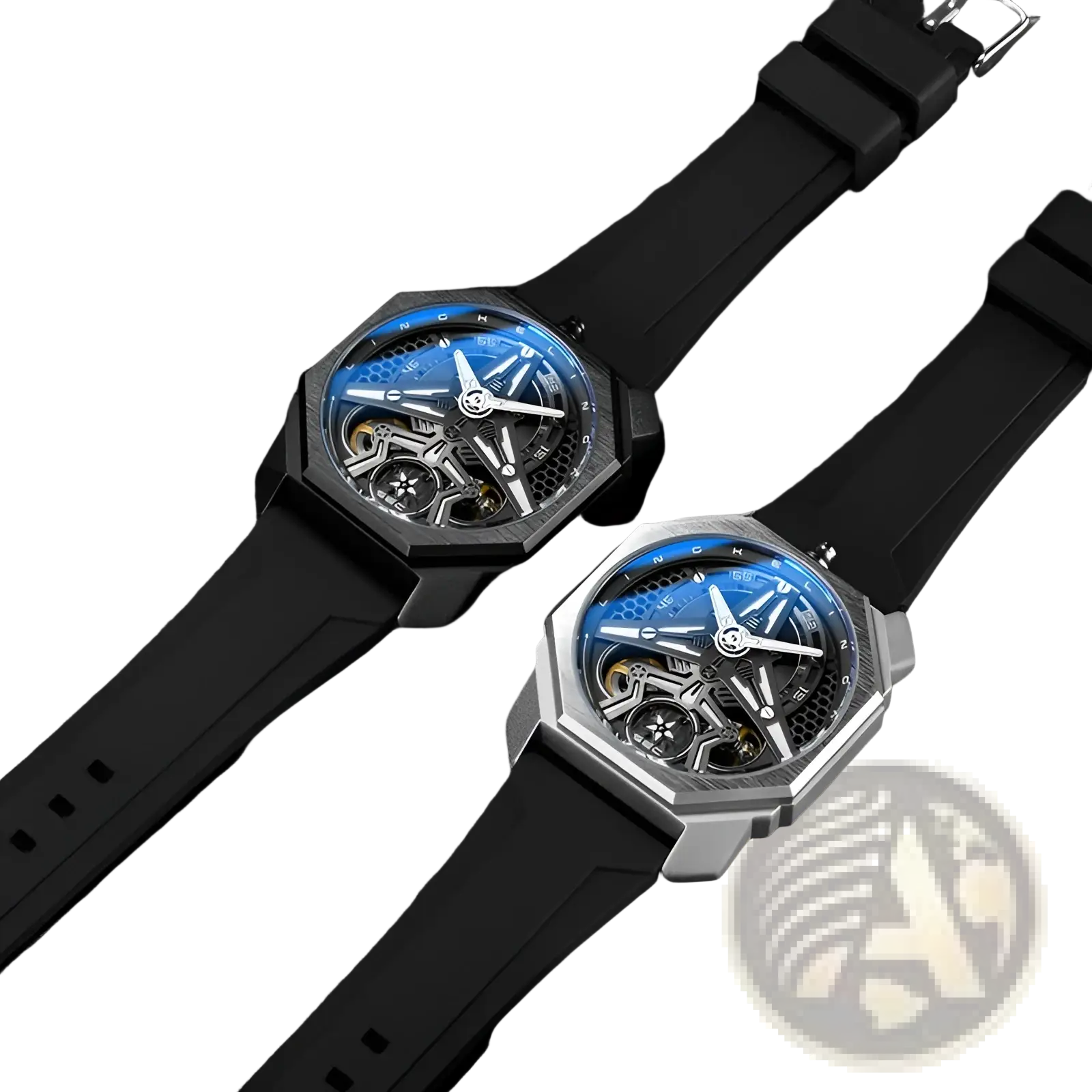 Automatic skeleton mechanical watch for men with octagonal black and silver cases blue tinted dials and rubber straps