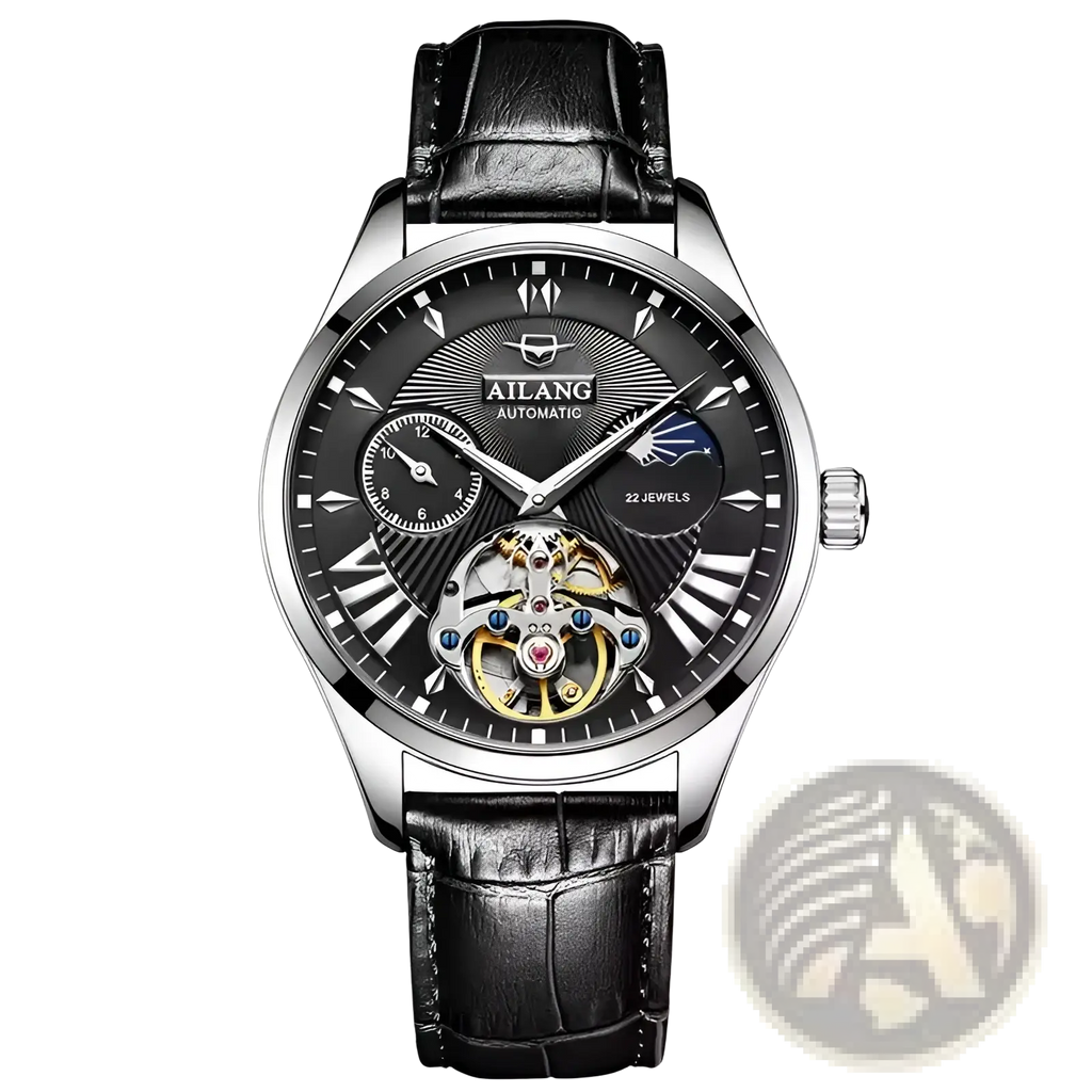 Ailang automatic skeleton men watch with black dial silver-toned case and gold accented mechanical movement