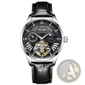 Ailang automatic skeleton men watch with black dial silver-toned case and gold accented mechanical movement