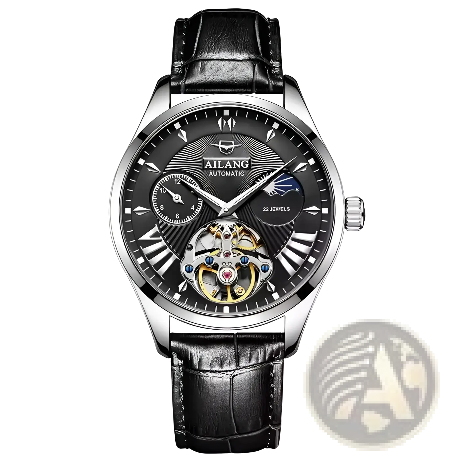 Ailang automatic skeleton men watch with black dial silver-toned case and gold accented mechanical movement