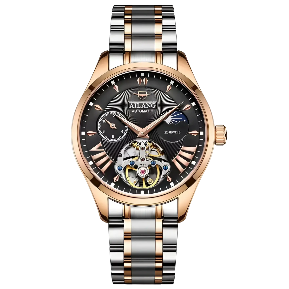 Ailang automatic skeleton watch with black dial and rose gold silver two-tone stainless steel bracelet showing mechanical movement