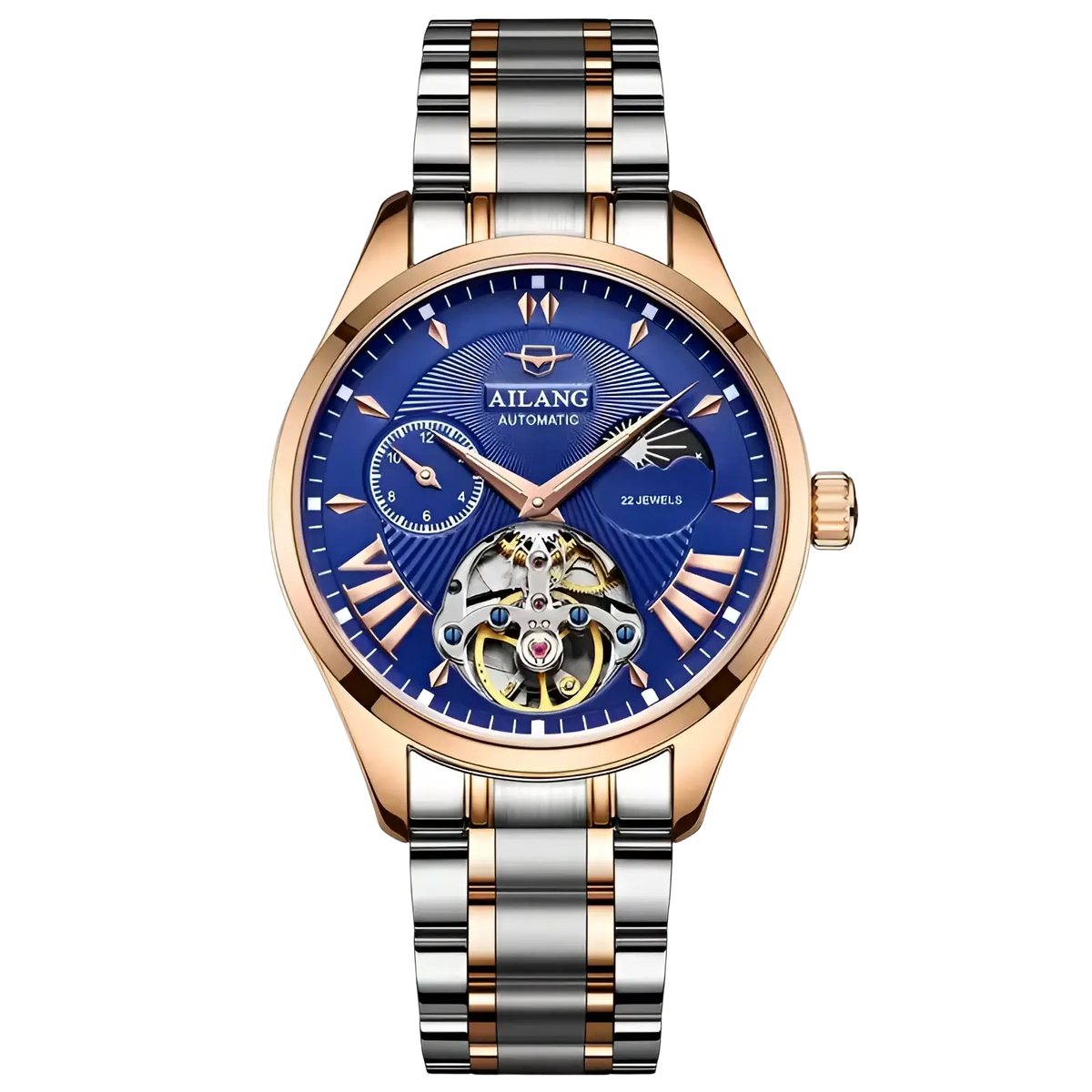 Ailang automatic skeleton watch with blue dial rose gold and silver stainless steel bracelet featuring exposed mechanical movement