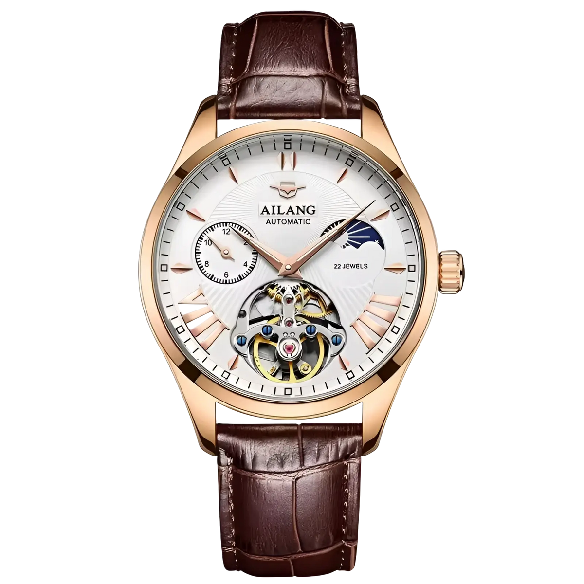 Ailang automatic skeleton watch rose gold case white dial roman numerals moon phase brown alligator leather strap