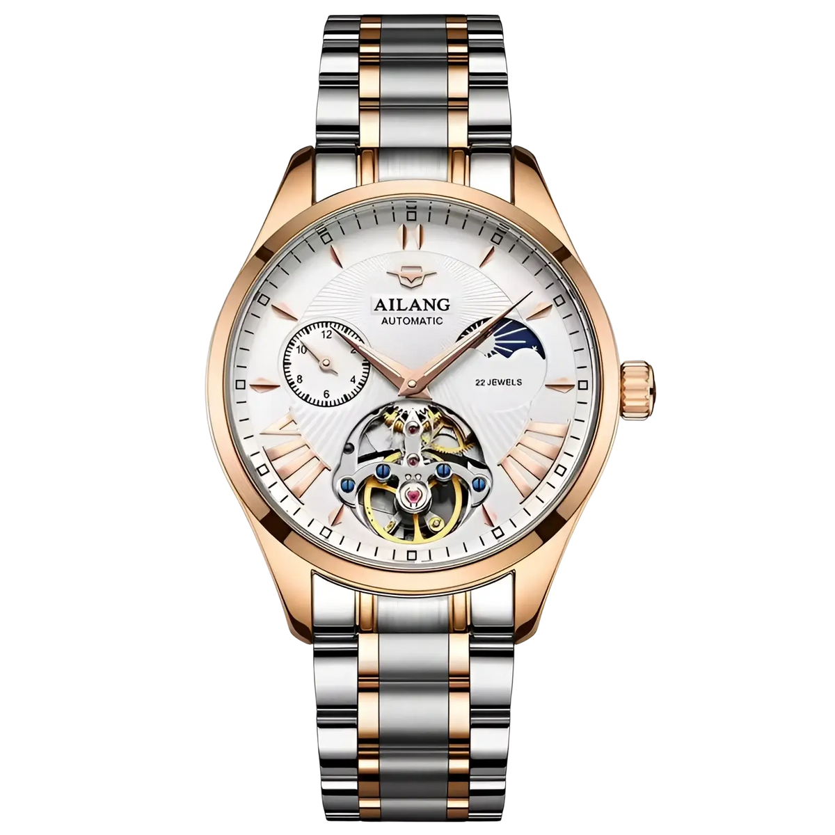 Ailang automatic skeleton watch with two-tone stainless steel and rose gold bracelet and white roman numeral dial