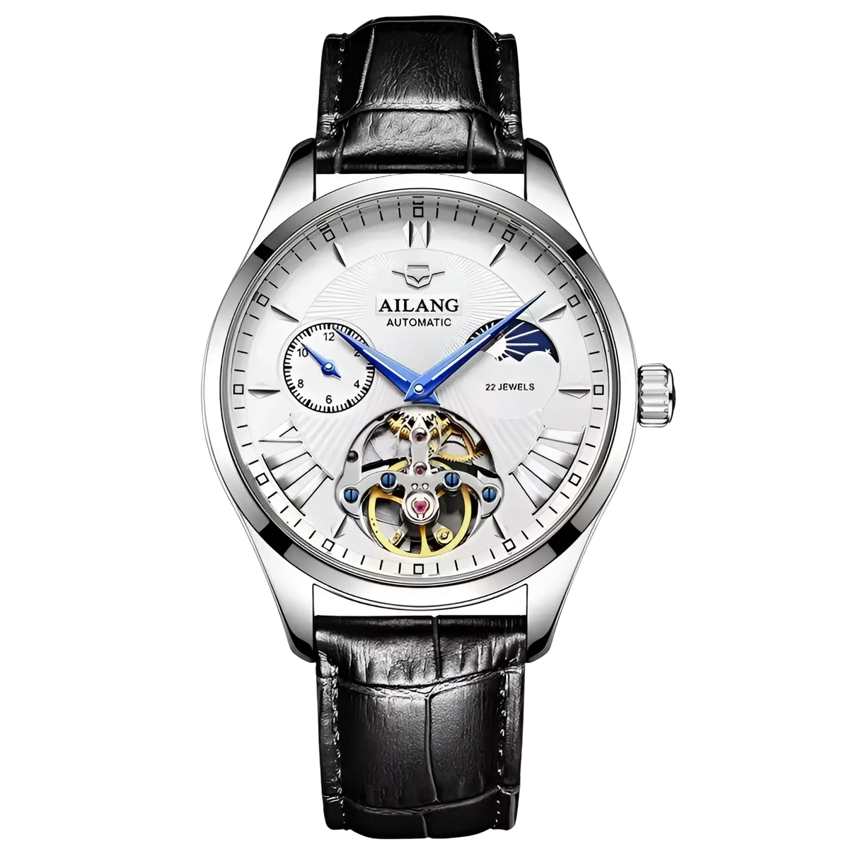 Ailang automatic skeleton watch with silver case, white dial, blue hands, moon phase, and black alligator leather strap