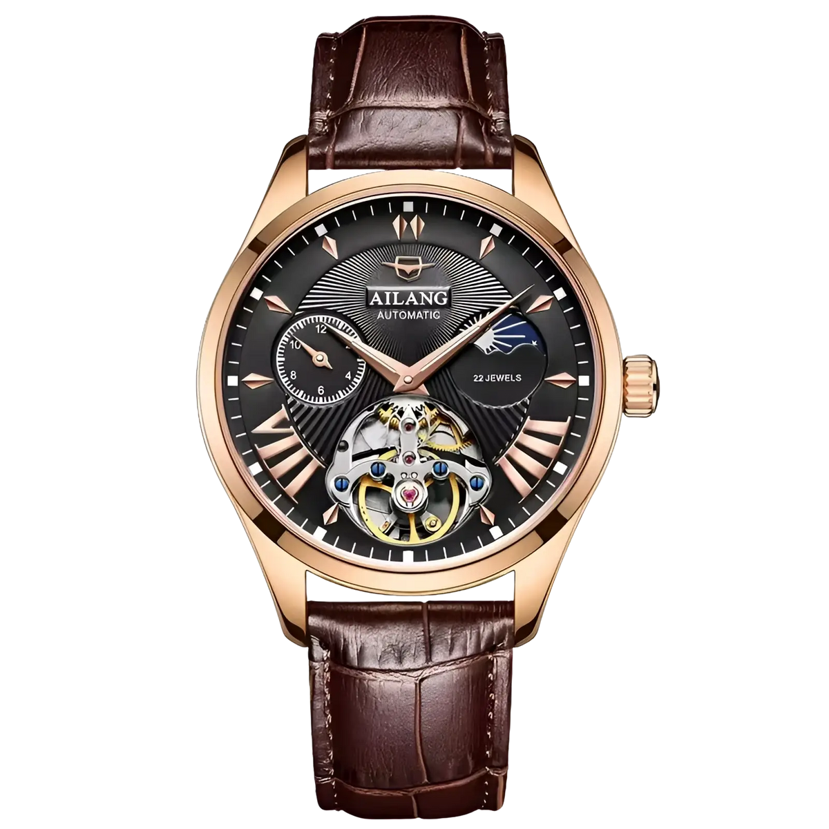 Ailang automatic skeleton watch with rose gold case, black dial, roman numerals, and brown crocodile leather strap