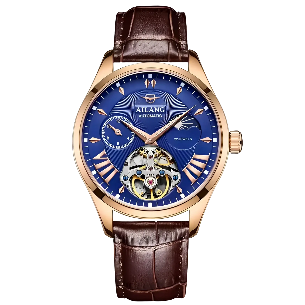 Automatic skeleton watch by Ailang with vibrant blue dial rose gold case mechanical movement and brown alligator strap