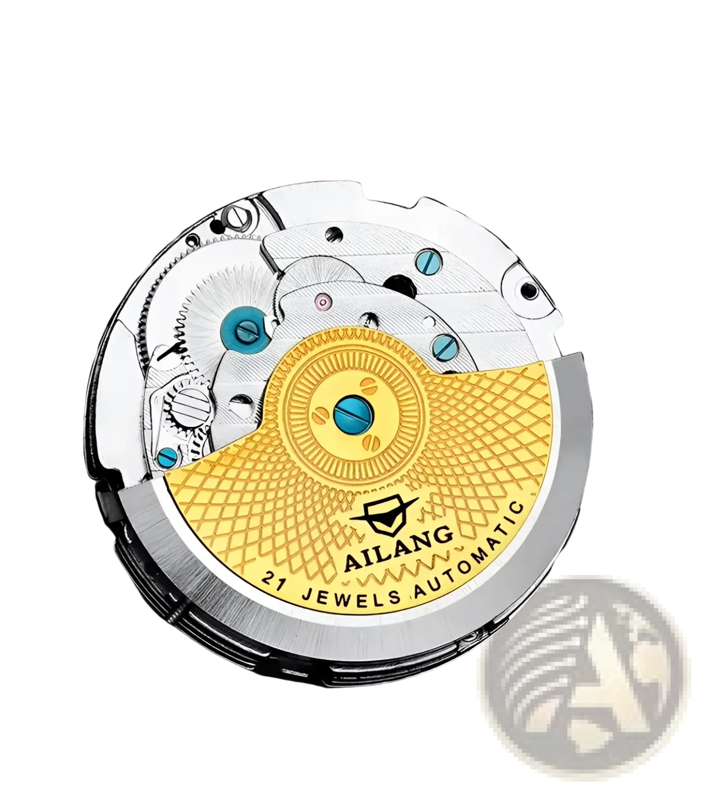 Backside of a rose gold ailang automatic skeleton watch showing silver and gold mechanical core with 21 jewels