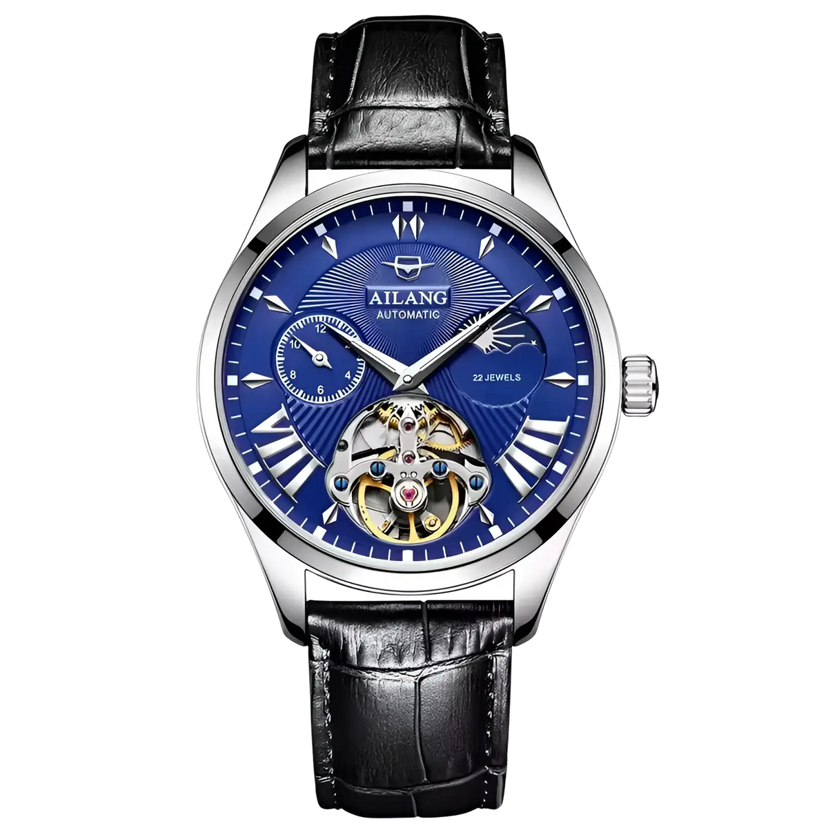 Ailang automatic skeleton men watch with vibrant blue dial, rose gold mechanical movement, and black alligator leather strap