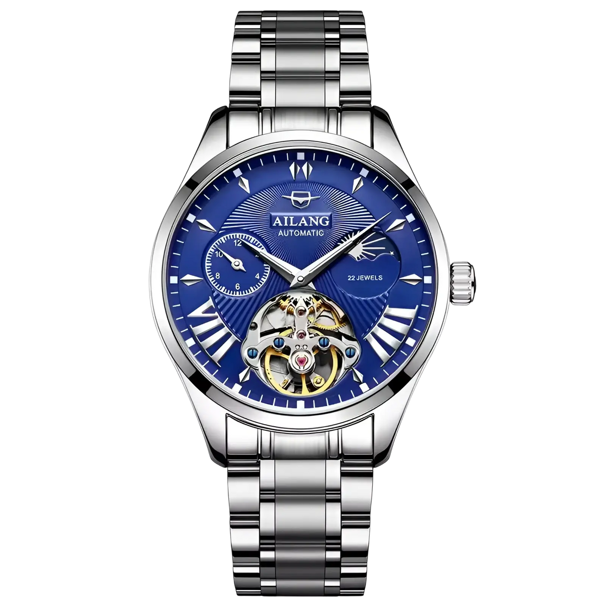 Ailang automatic skeleton men watch with vibrant blue dial silver stainless steel bracelet and exposed mechanical movement