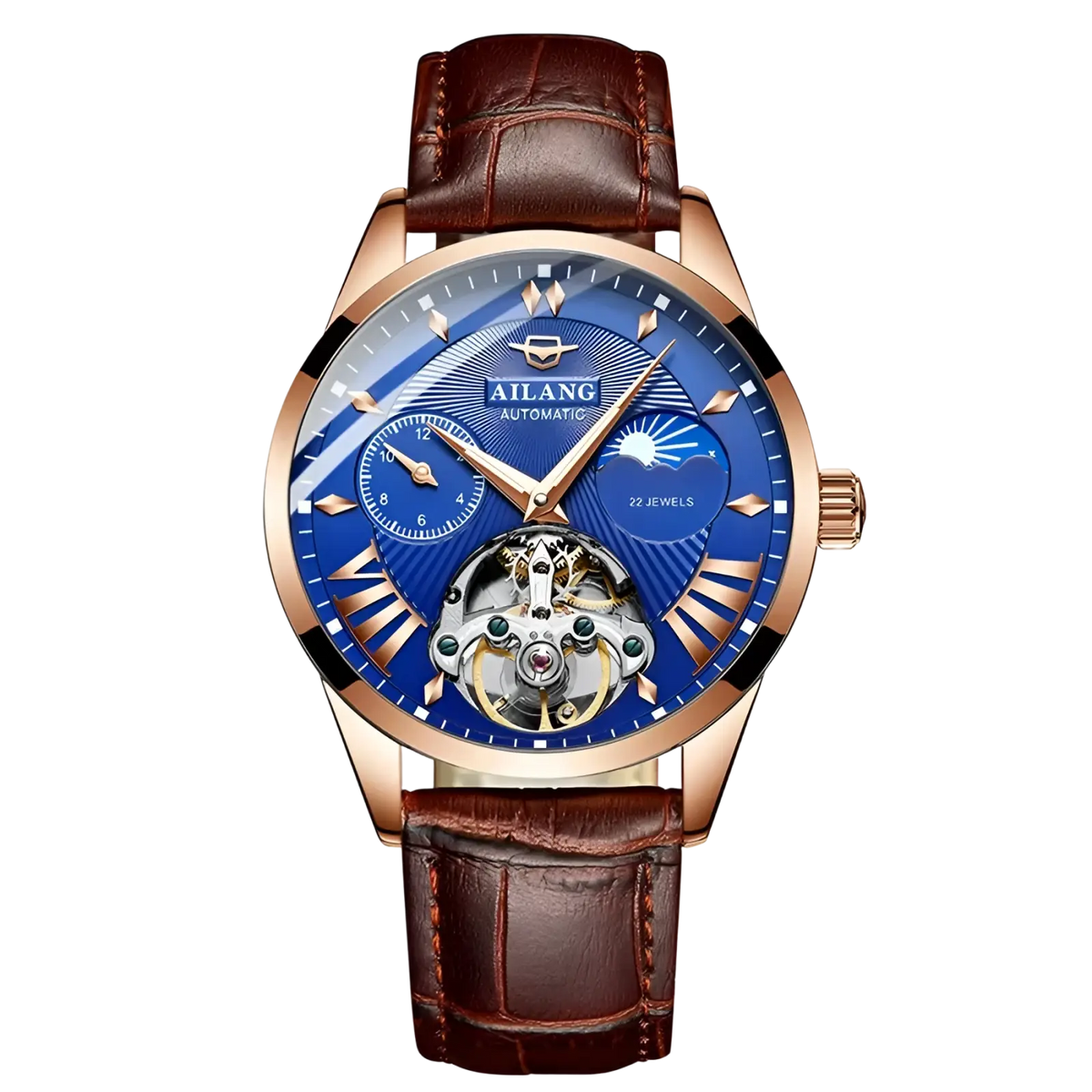Ailang automatic skeleton men’s watch with blue dial rose gold case and brown leather strap