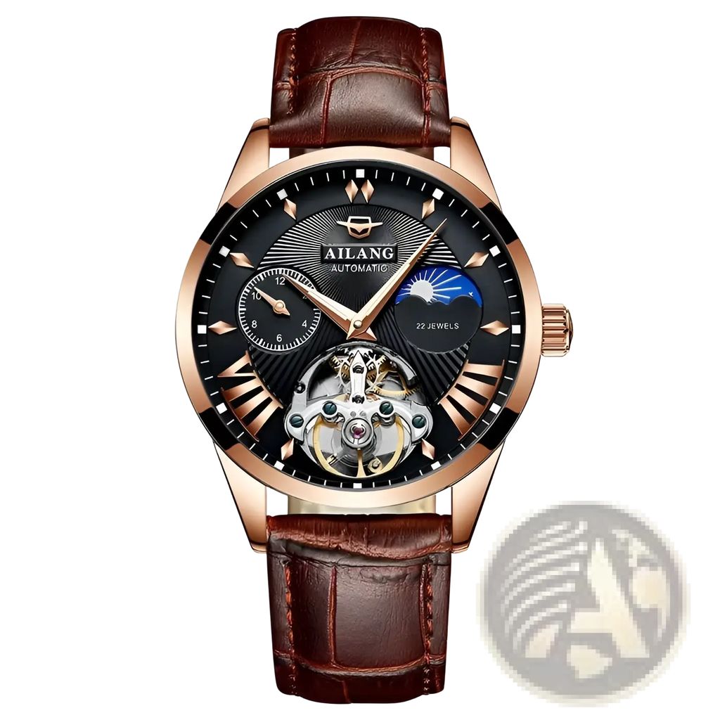 Ailang automatic skeleton watch with rose gold case black moon phase dial and brown alligator leather strap