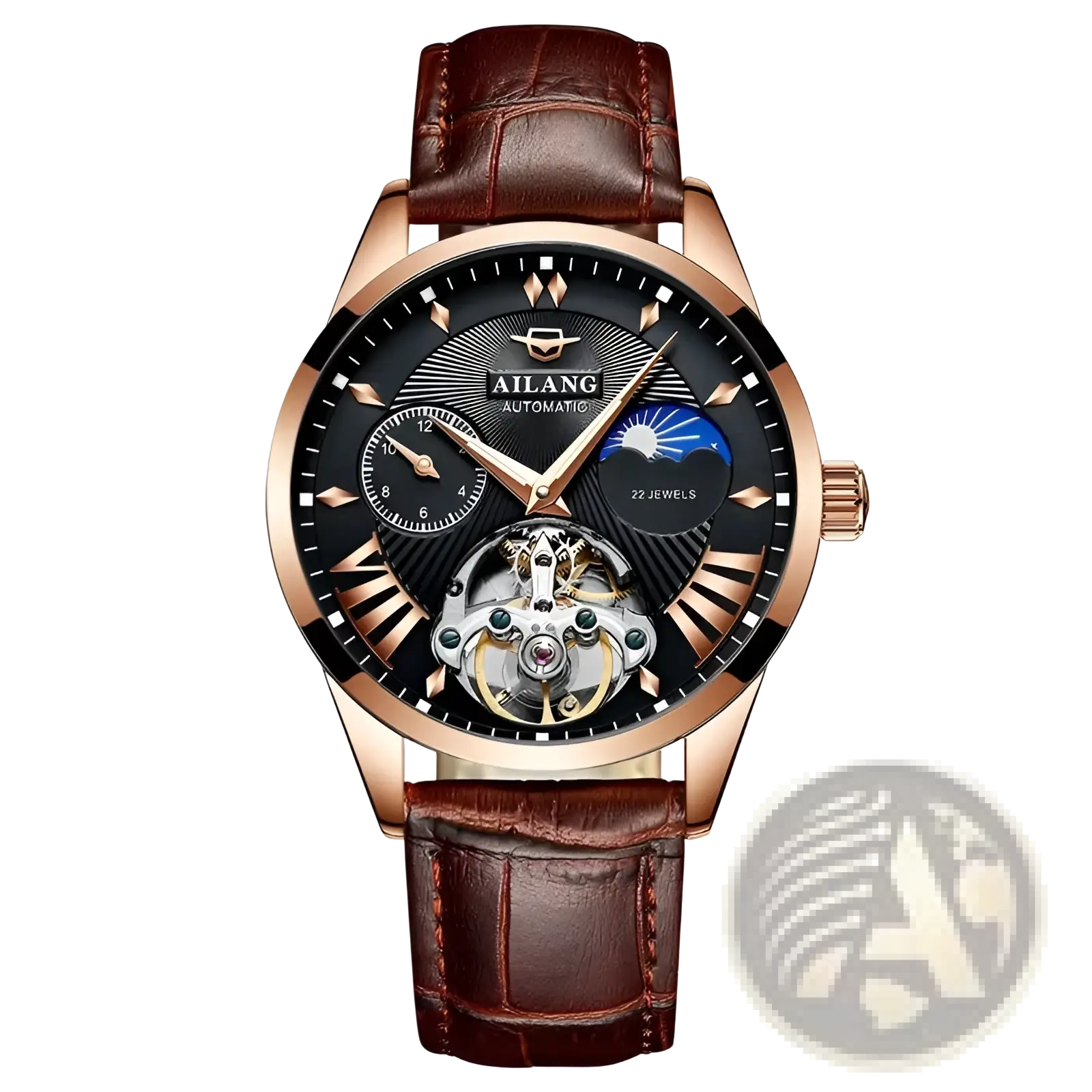 Ailang automatic skeleton watch with rose gold case black moon phase dial and brown alligator leather strap