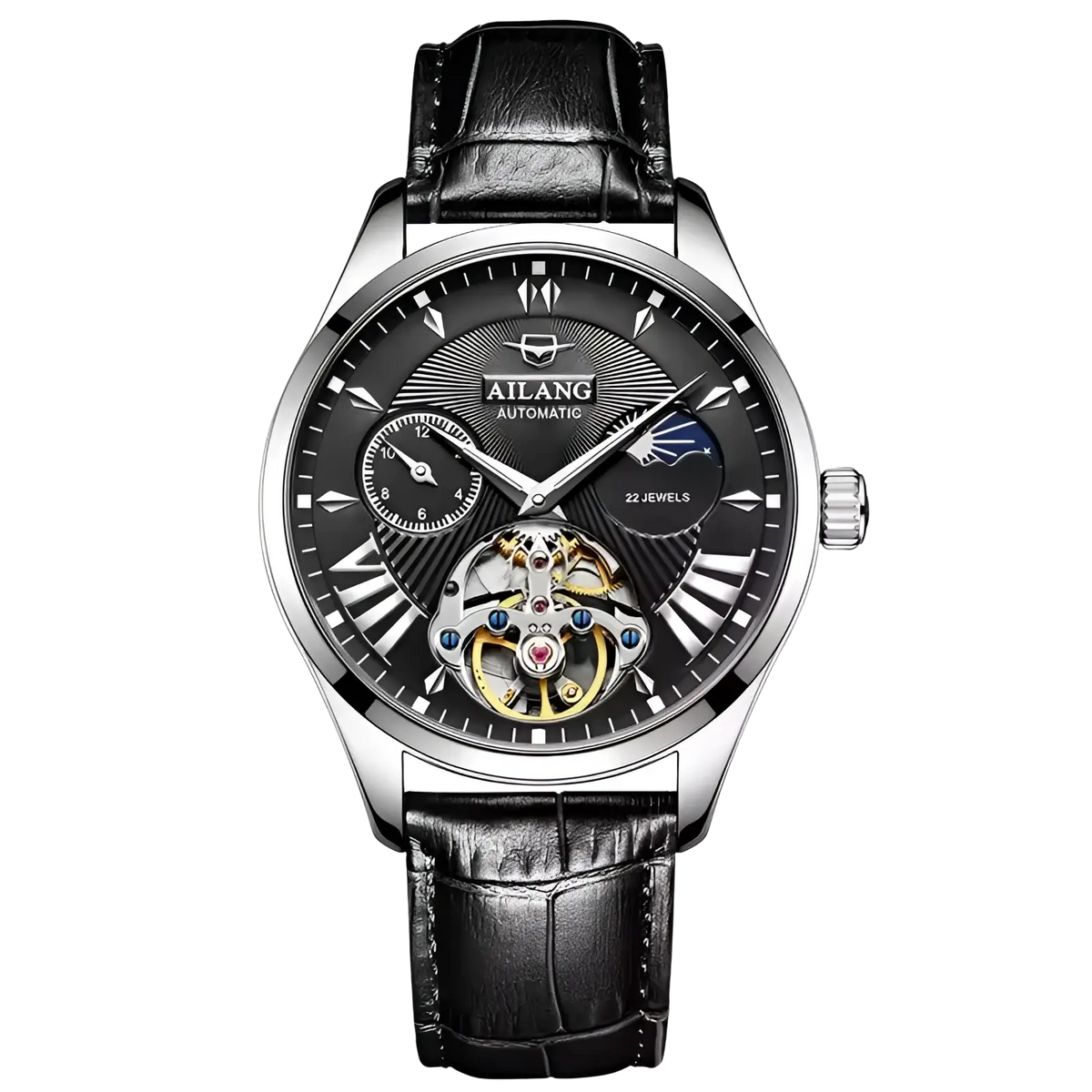 Ailang automatic skeleton men watch with black dial silver-toned case and gold accented mechanical movement