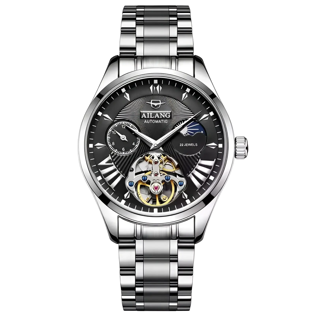 Ailang automatic skeleton men watch with a silver stainless steel bracelet, black dial, roman numerals, and exposed gold gears