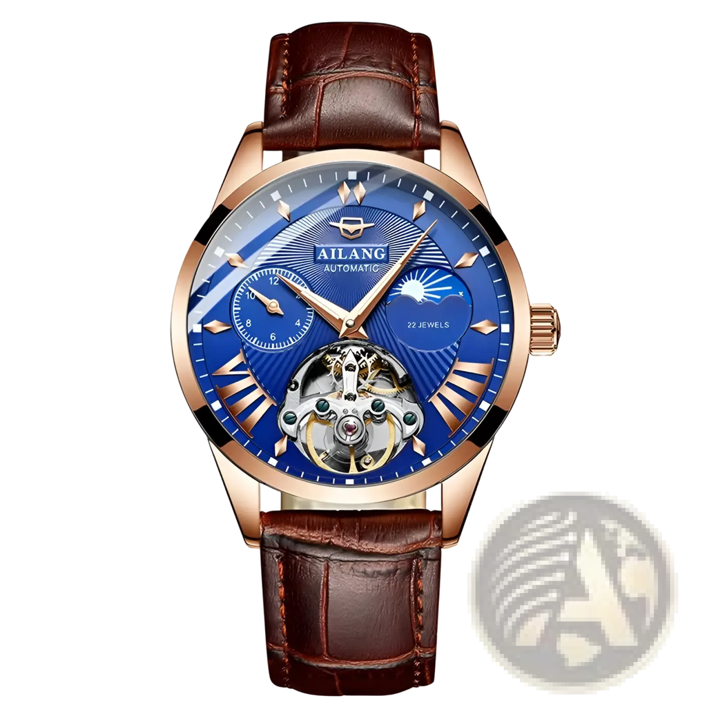 Ailang automatic skeleton men’s watch with blue dial rose gold case and brown leather strap