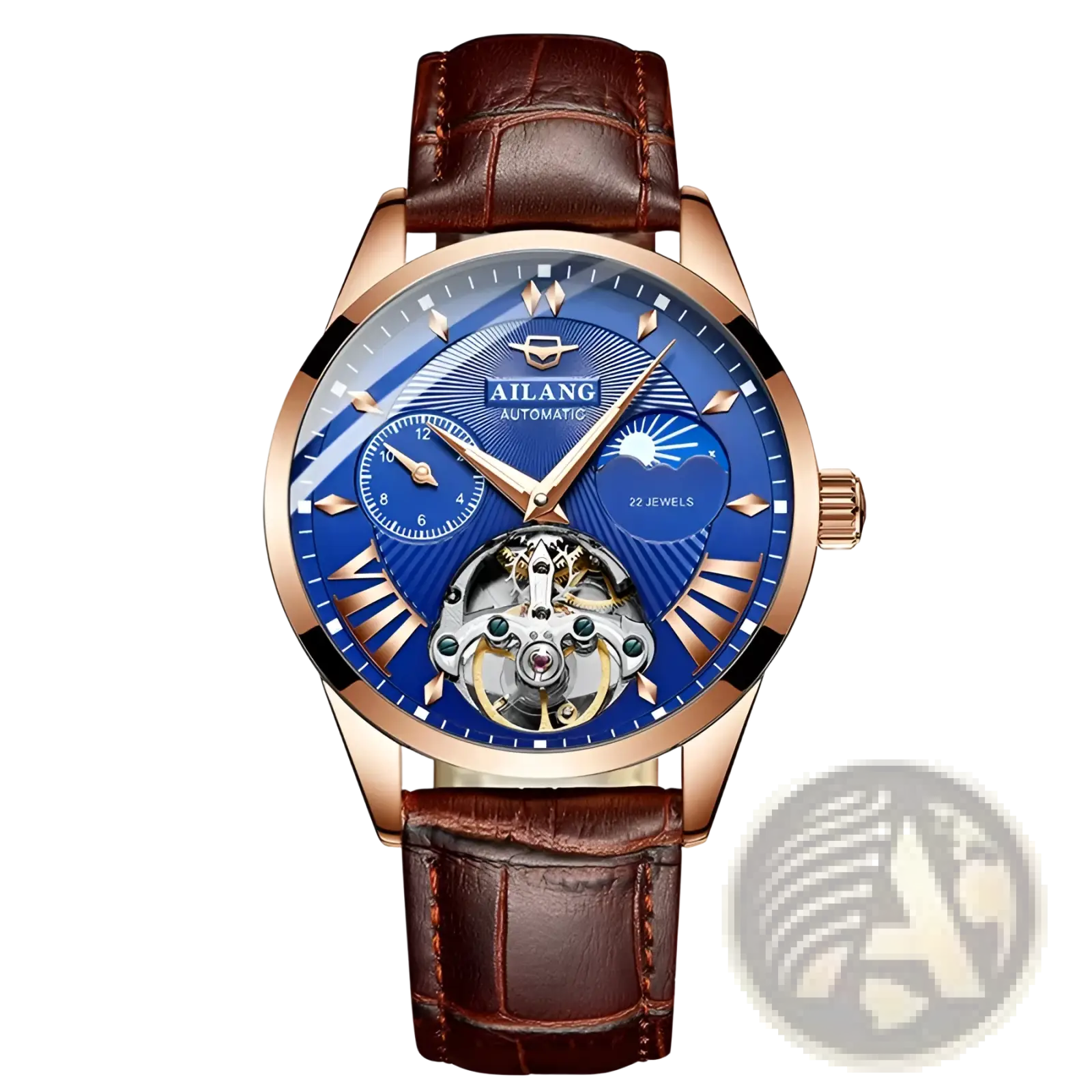 Ailang automatic skeleton men’s watch with blue dial rose gold case and brown leather strap