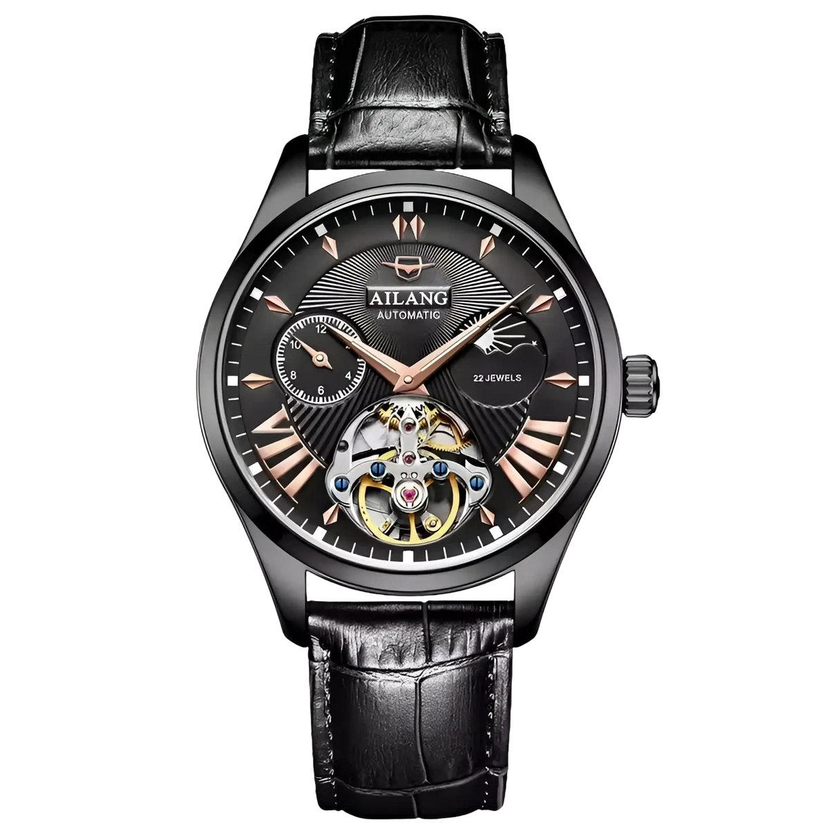 Automatic skeleton watch rose gold mechanical men watch with black ailang case, 22-jewel movement, and leather strap