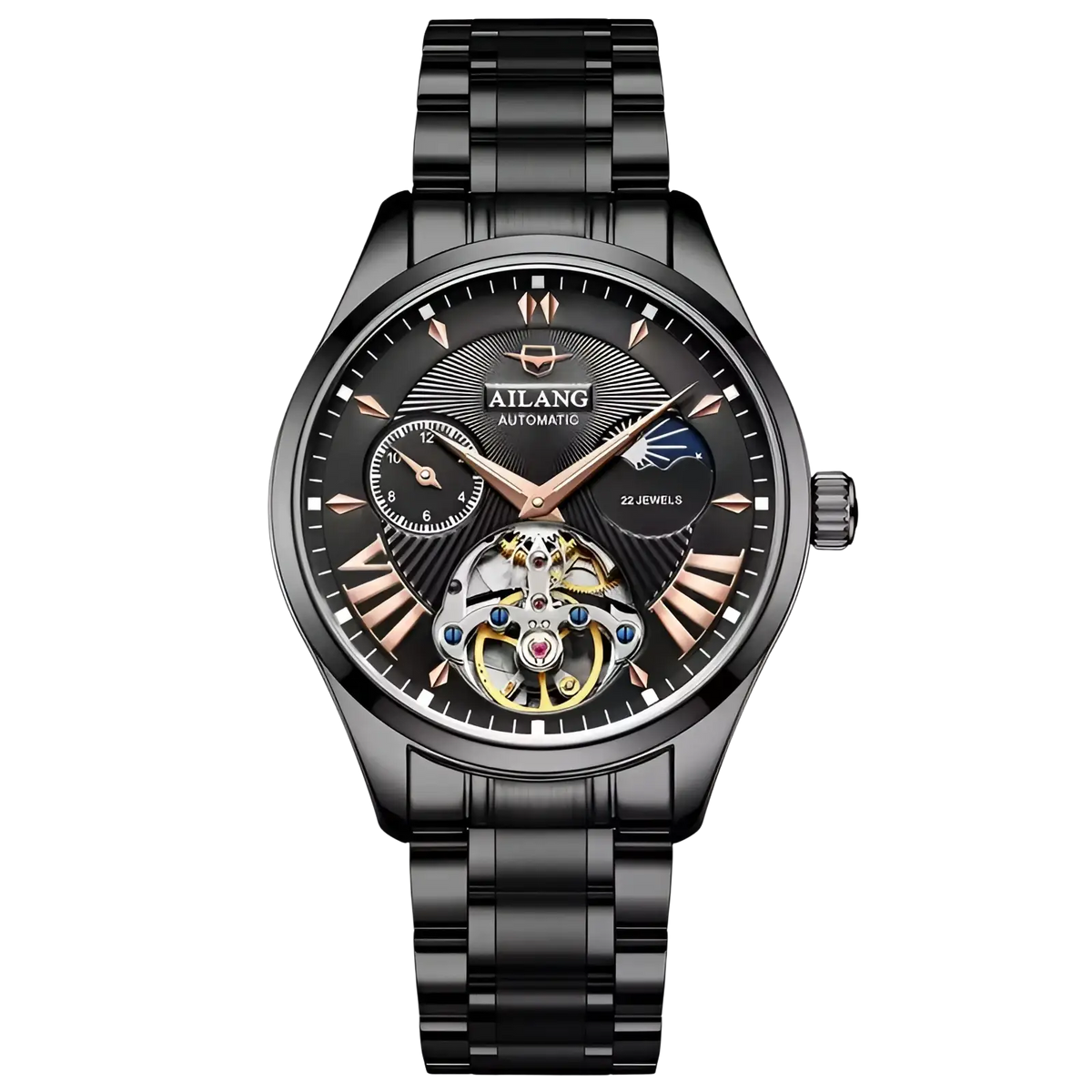 Black ailang automatic skeleton watch with 22-jewel movement rose gold accents and black stainless steel bracelet