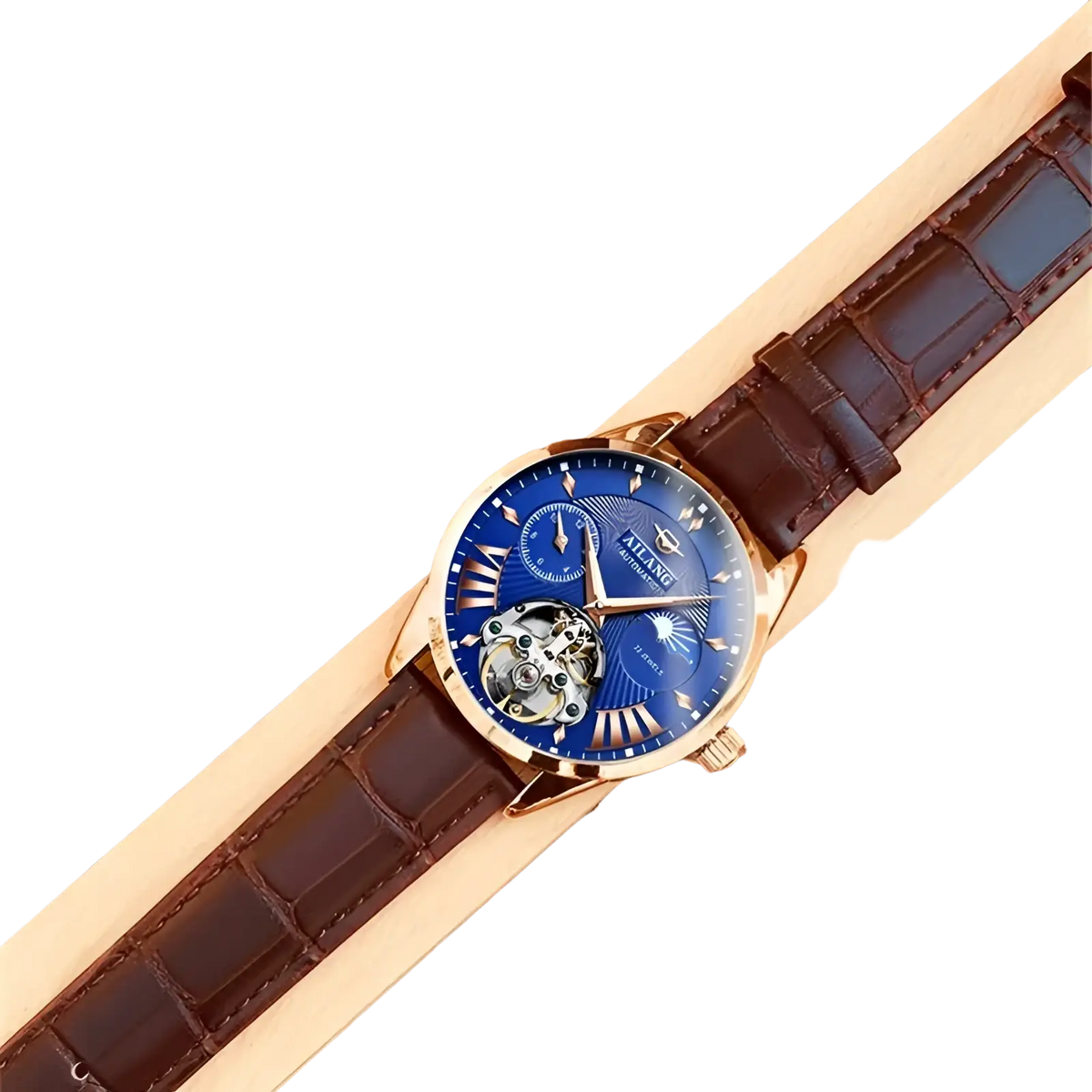 Automatic skeleton watch with blue dial gold tone case and brown crocodile pattern leather strap for men