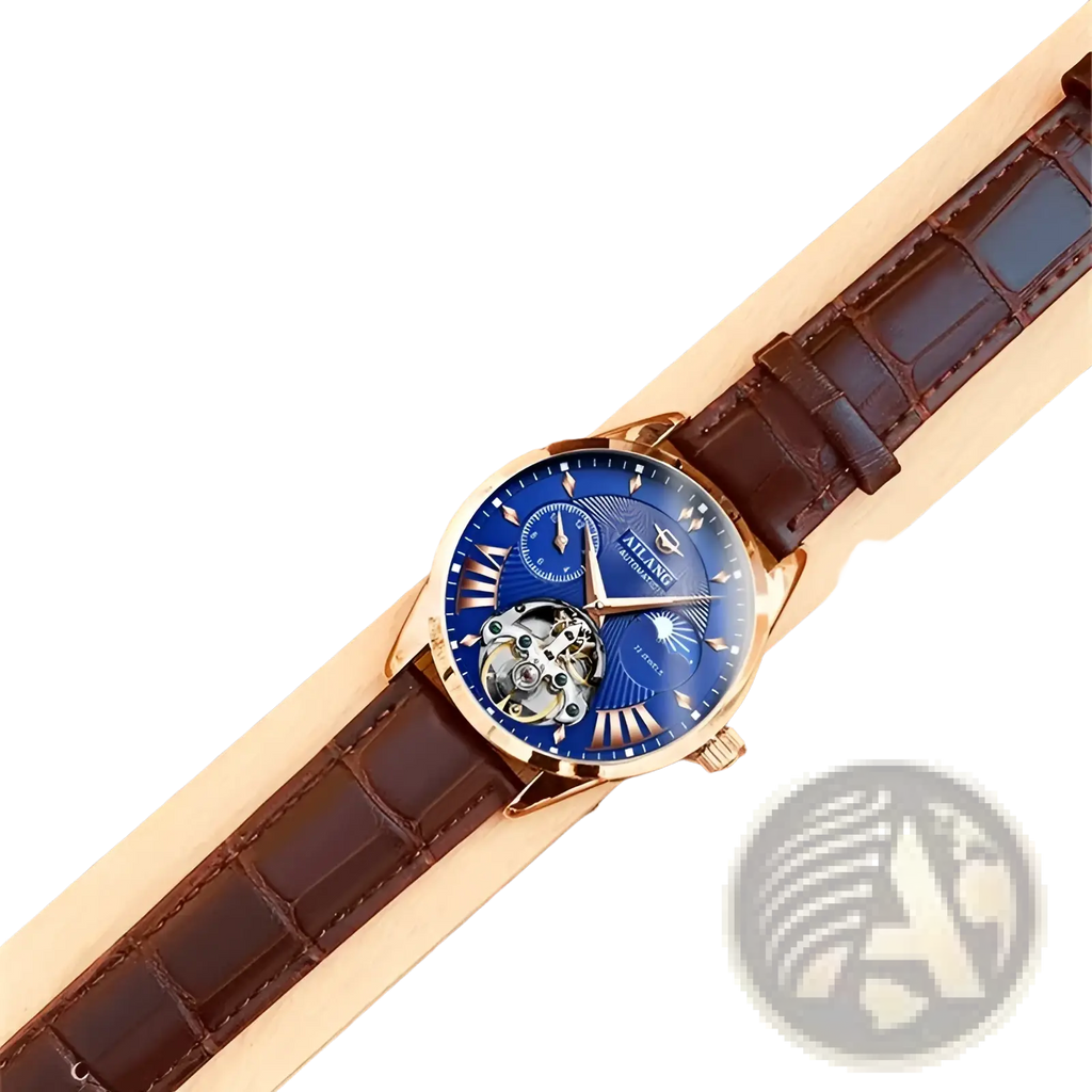 Automatic skeleton watch with blue dial gold tone case and brown crocodile pattern leather strap for men