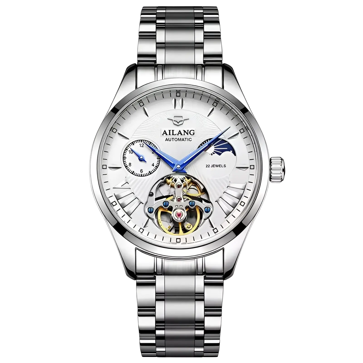 Ailang automatic skeleton watch with white dial blue hands silver case and gold-accented exposed mechanical movement