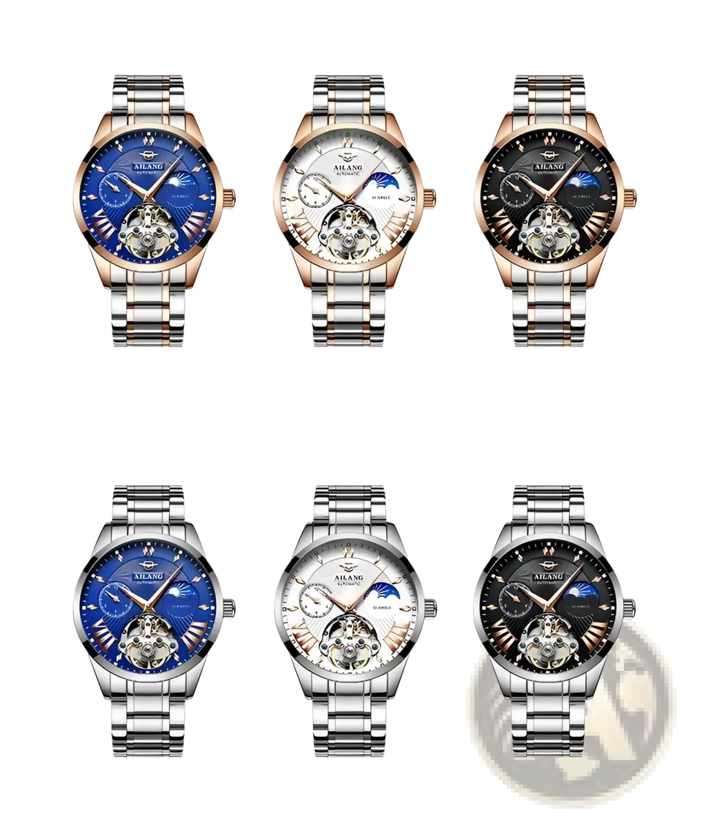 Three pairs of steel-banded automatic skeleton watches with rose gold and silver accents featuring blue white and black dials