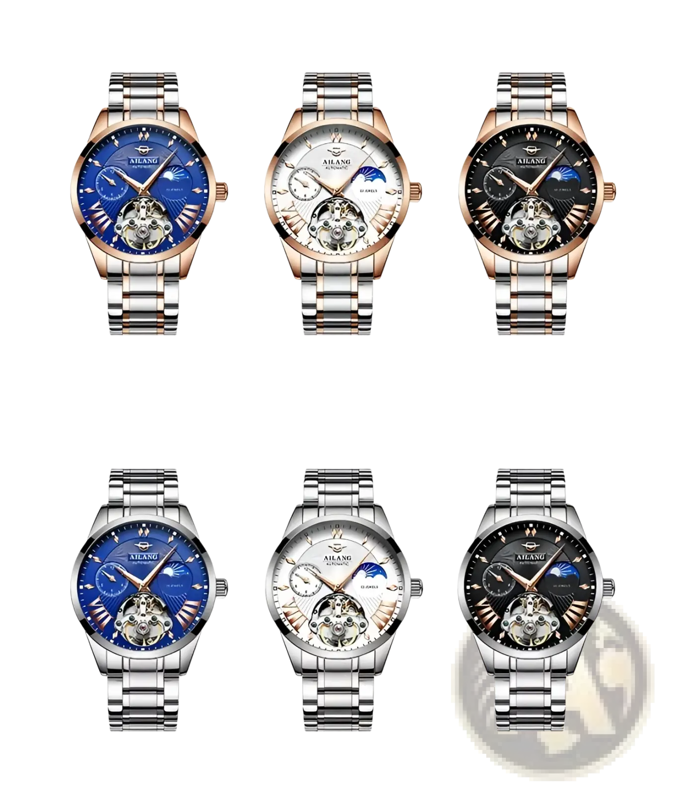 Three pairs of steel-banded automatic skeleton watches with rose gold and silver accents featuring blue white and black dials