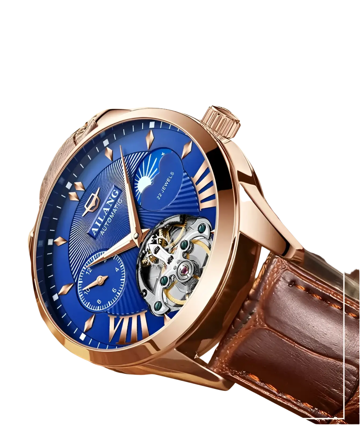 Rose gold automatic skeleton watch with vibrant blue dial roman numeral markers and 22 jewel mechanical movement