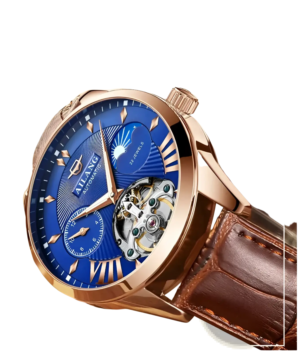 Rose gold automatic skeleton watch with vibrant blue dial roman numeral markers and 22 jewel mechanical movement