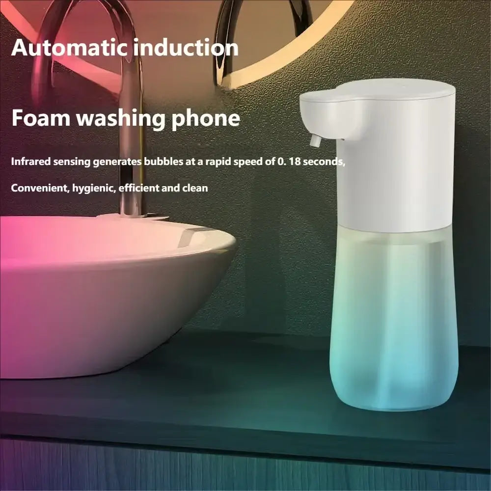 White automatic induction foam soap dispenser with 350ml translucent blue liquid for hand soap bubble generation