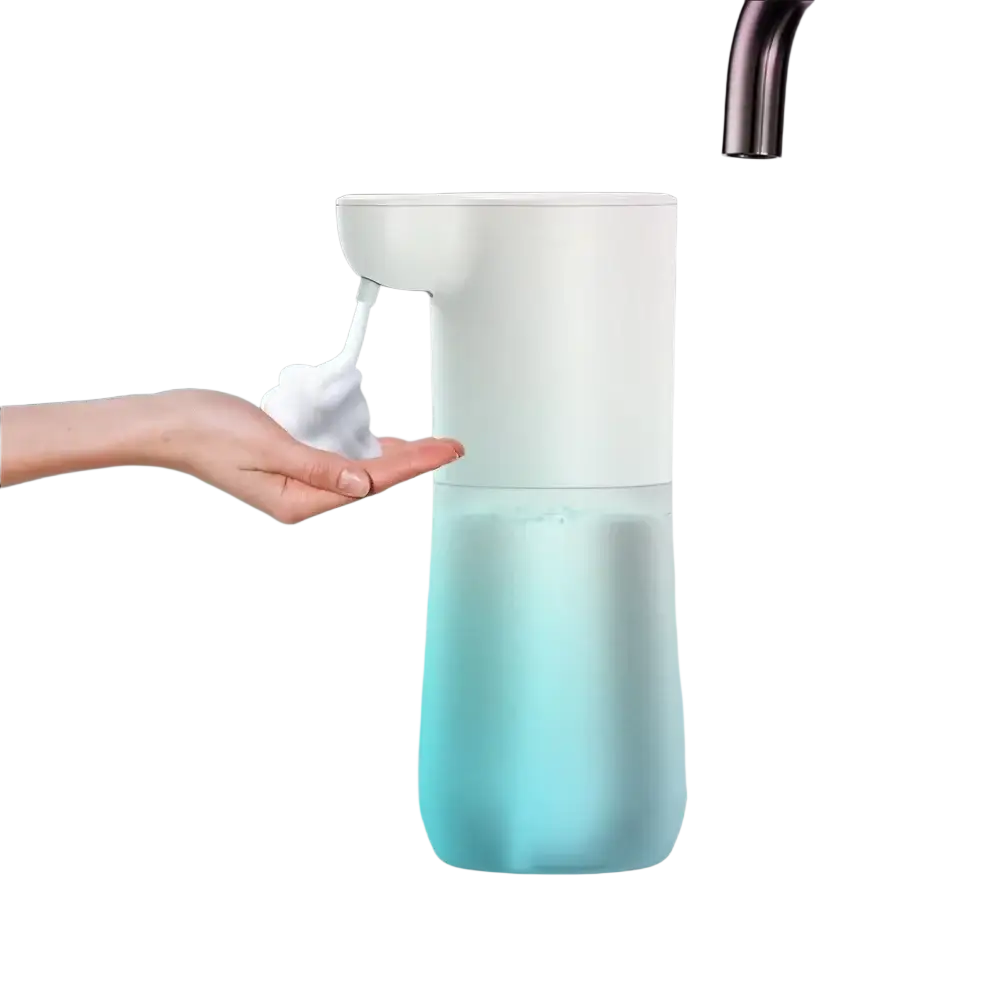White automatic soap dispenser with 350ml foam bubble generation and transparent lower section for hand soap use