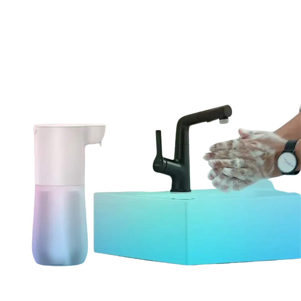 White sleek cylindrical automatic soap dispenser with smooth plastic body and bubble generation for hand soap use