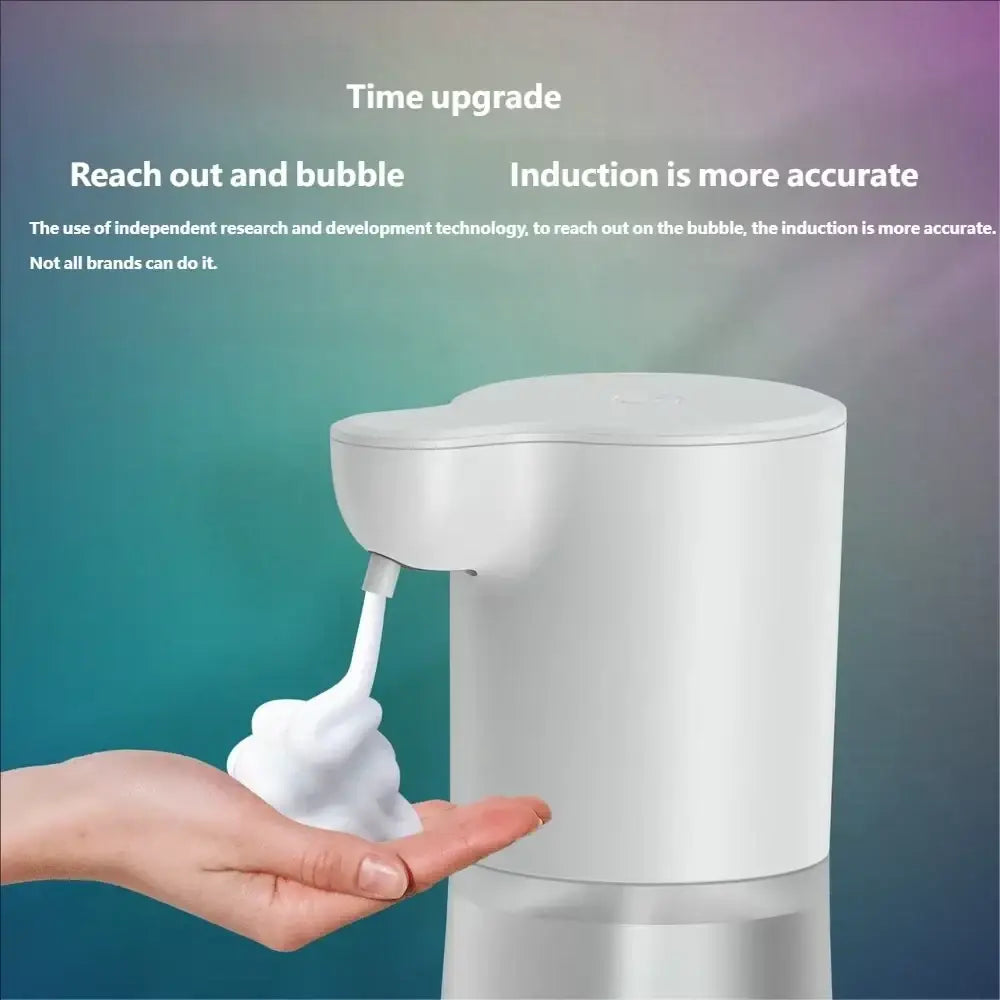 White sleek modern automatic soap dispenser with curved top metallic base for 350ml foam bubble generation hand soap
