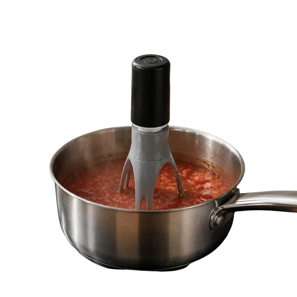 Black and gray electric automatic stirrer with three-leg pan stirrer design inside a stainless steel pot for stirring