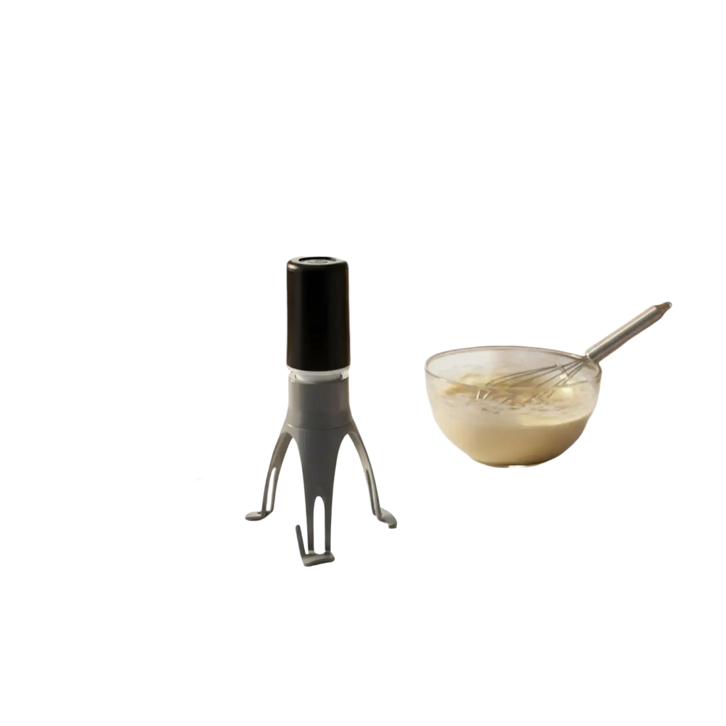Black and gray electric automatic stirrer with three legs for pots and pans for hands-free cooking use