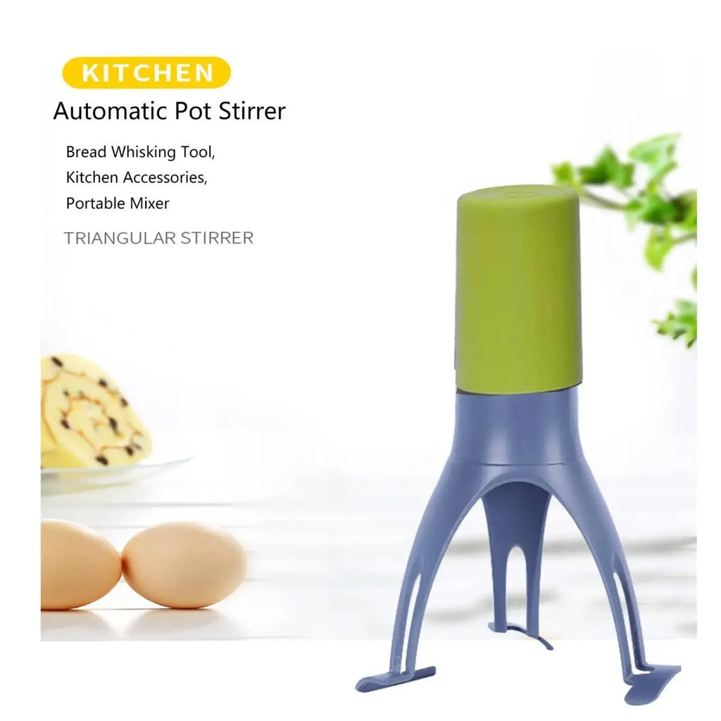 Automatic stirrer for pots and pans with green and blue three-leg pan stirrer and cylindrical handle design