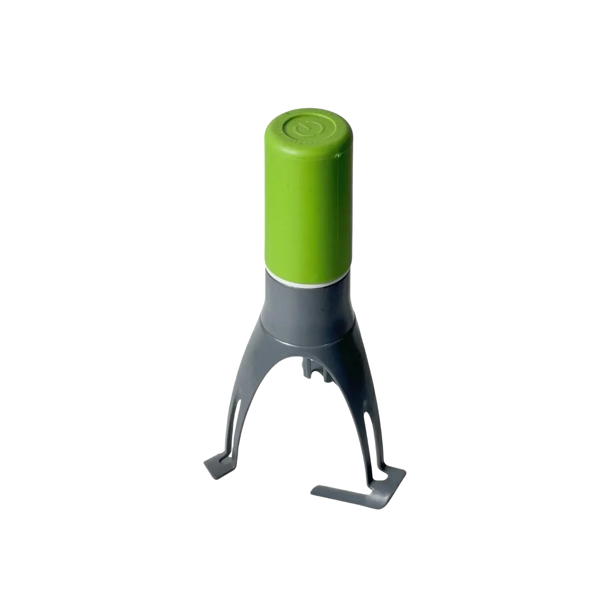 Green and gray silicone automatic stirrer for pots and pans with a cylindrical top and three-leg pan stirrer base