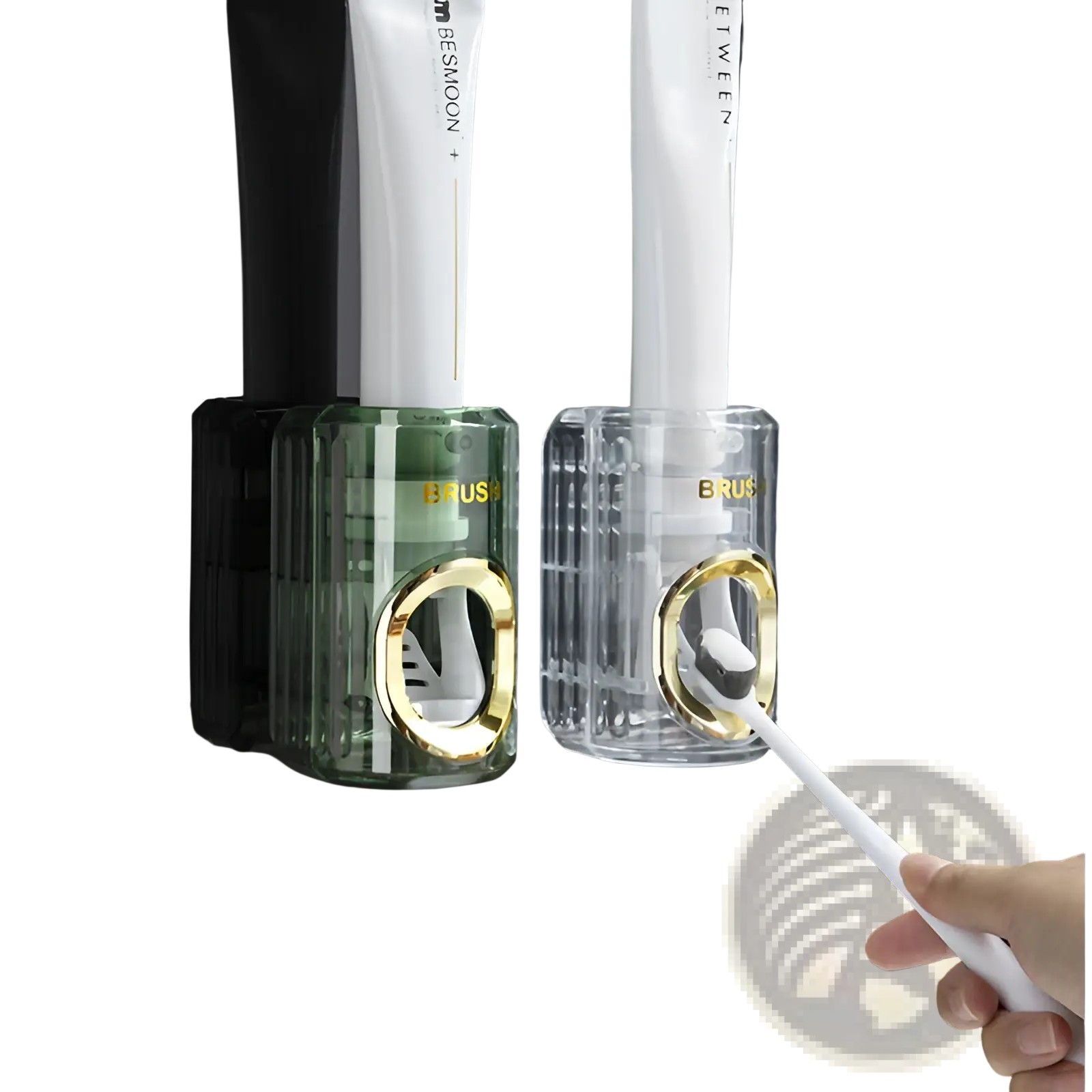 Two sleek automatic toothpaste dispensers with gold accents in translucent green and clear holding Brus tubes