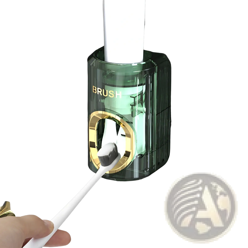 Green translucent automatic toothpaste dispenser and toothbrush holder with gold accents labeled brush holding white toothbrush