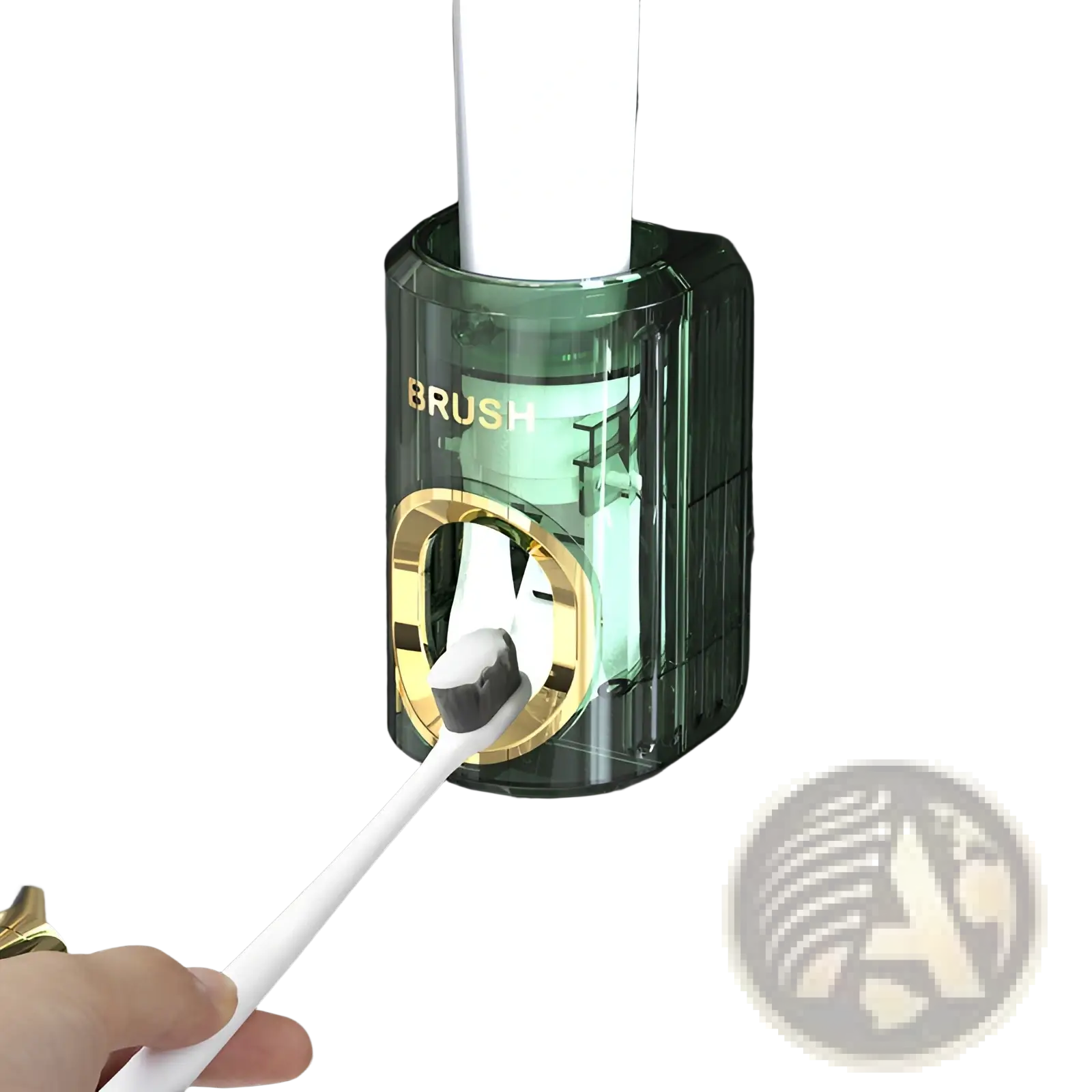Green translucent automatic toothpaste dispenser and toothbrush holder with gold accents labeled brush holding white toothbrush