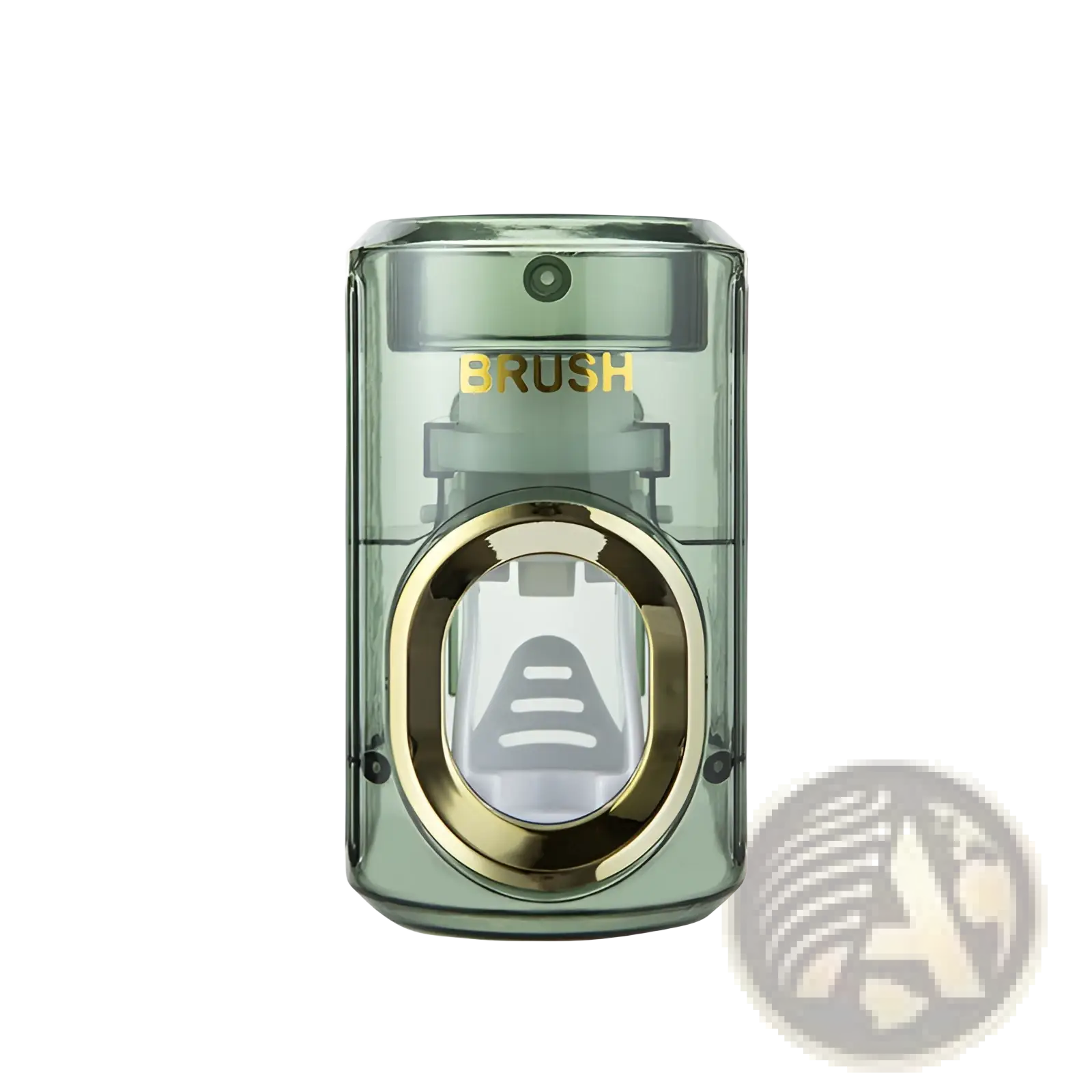Transparent green plastic automatic toothpaste dispenser and toothbrush holder with gold metallic trim and visible brush compartment