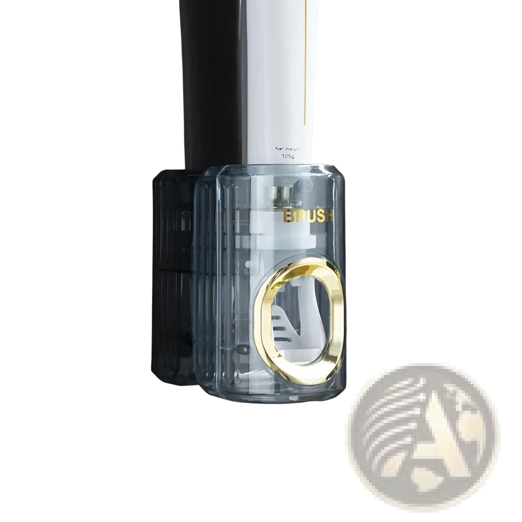 Automatic toothpaste dispenser and toothbrush holder with transparent blue holder gold circular opening and black mount