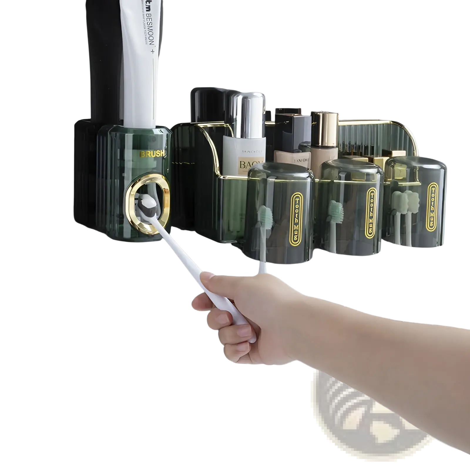 Dark green and gold automatic toothpaste dispenser and toothbrush holder with integrated design for bathroom use