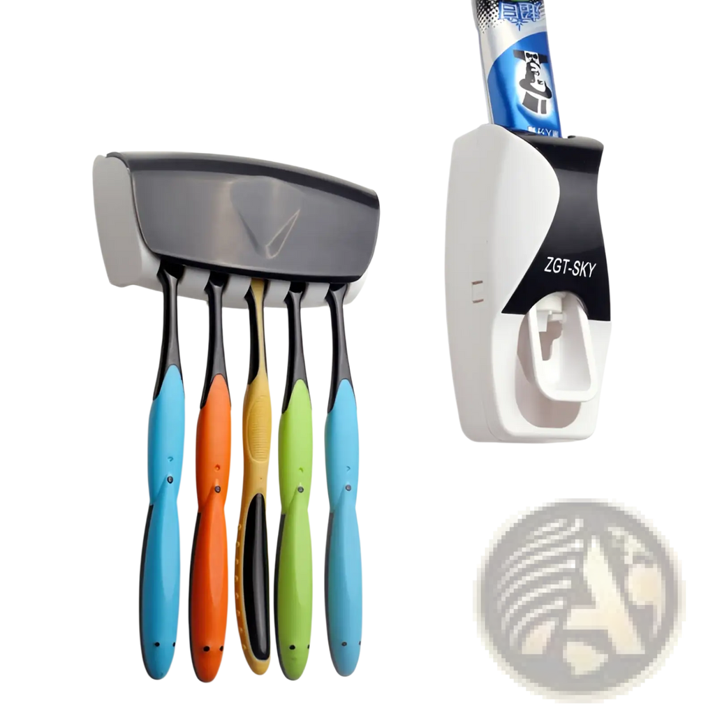 Wall-mounted automatic toothpaste dispenser and toothbrush holder set with five colorful toothbrush handles in blue orange yellow green and black