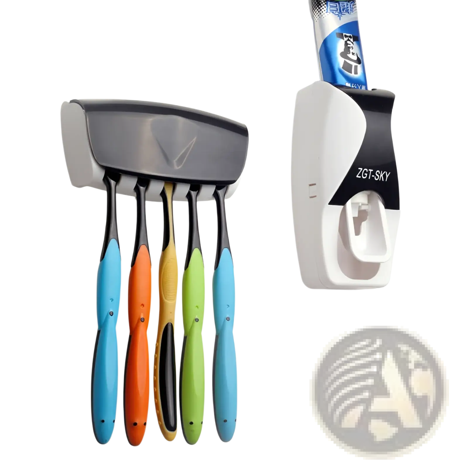 Wall-mounted automatic toothpaste dispenser and toothbrush holder set with five colorful toothbrush handles in blue orange yellow green and black