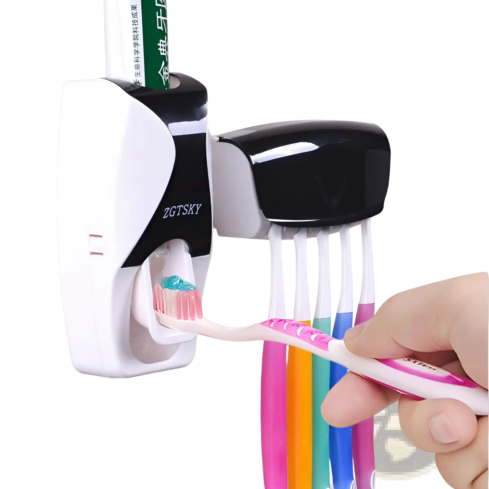 White and black zgtsky automatic toothpaste dispenser and toothbrush holder set with a sleek modern design holding colorful toothbrushes